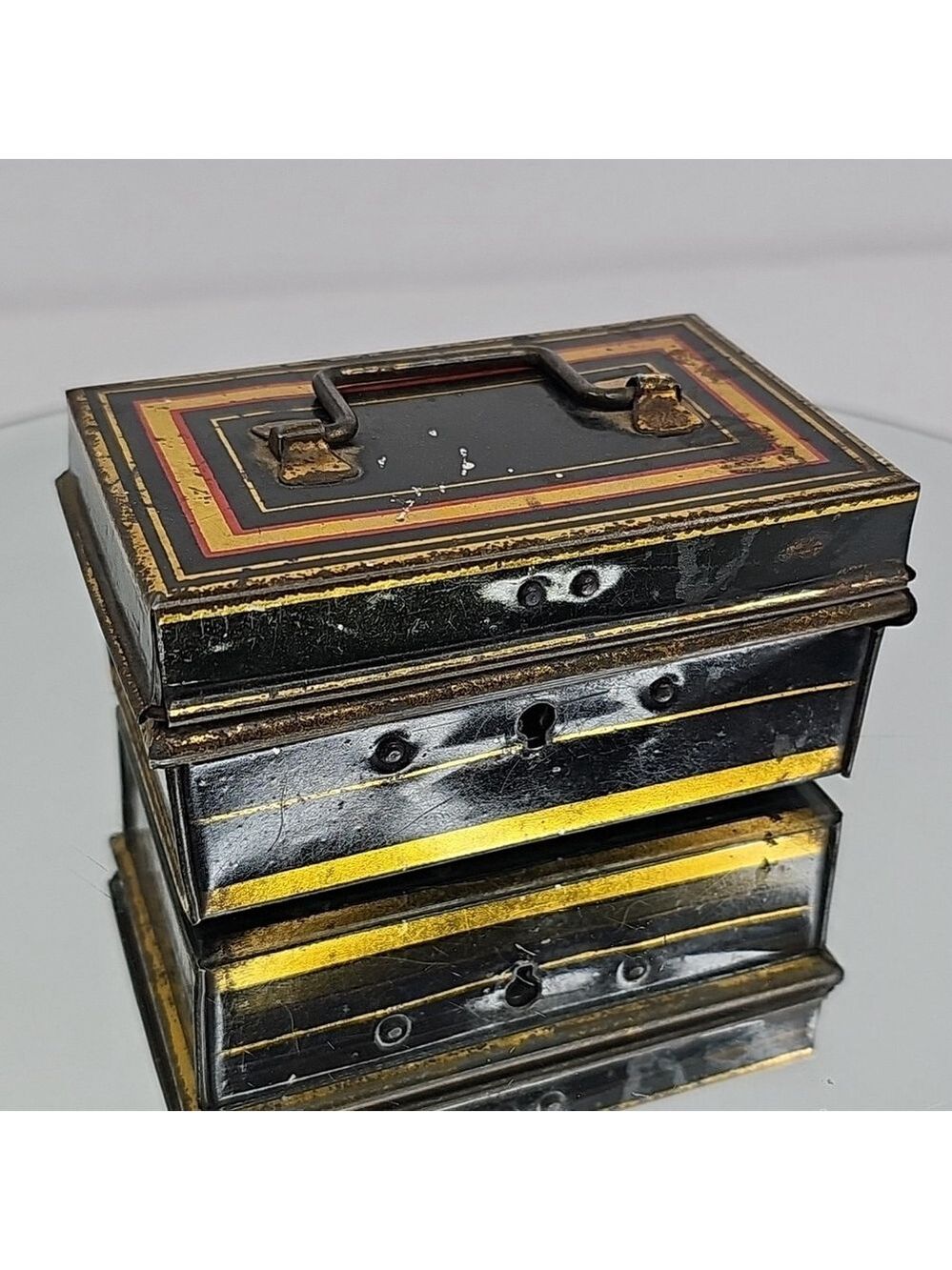 Vintage Miniature Black Metal Lock Box No Key, With Inside Tray Made In England